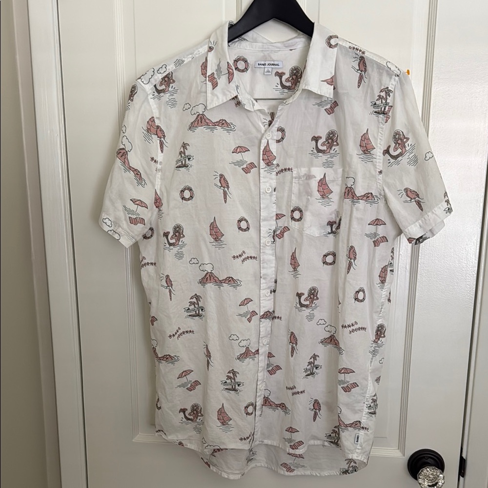 White and Pink Banks Journal Casual Button Down Shirt Lightweight softest cotton